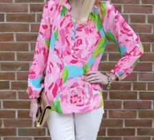 Lilly Pulitzer Hotty Pink First Impression Elsa Top 100% Silk Floral XS
