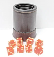 Set Of 8 Dice -  'THIEL BROS' Vintage Bakelite / Glass w/ Shaker Cup