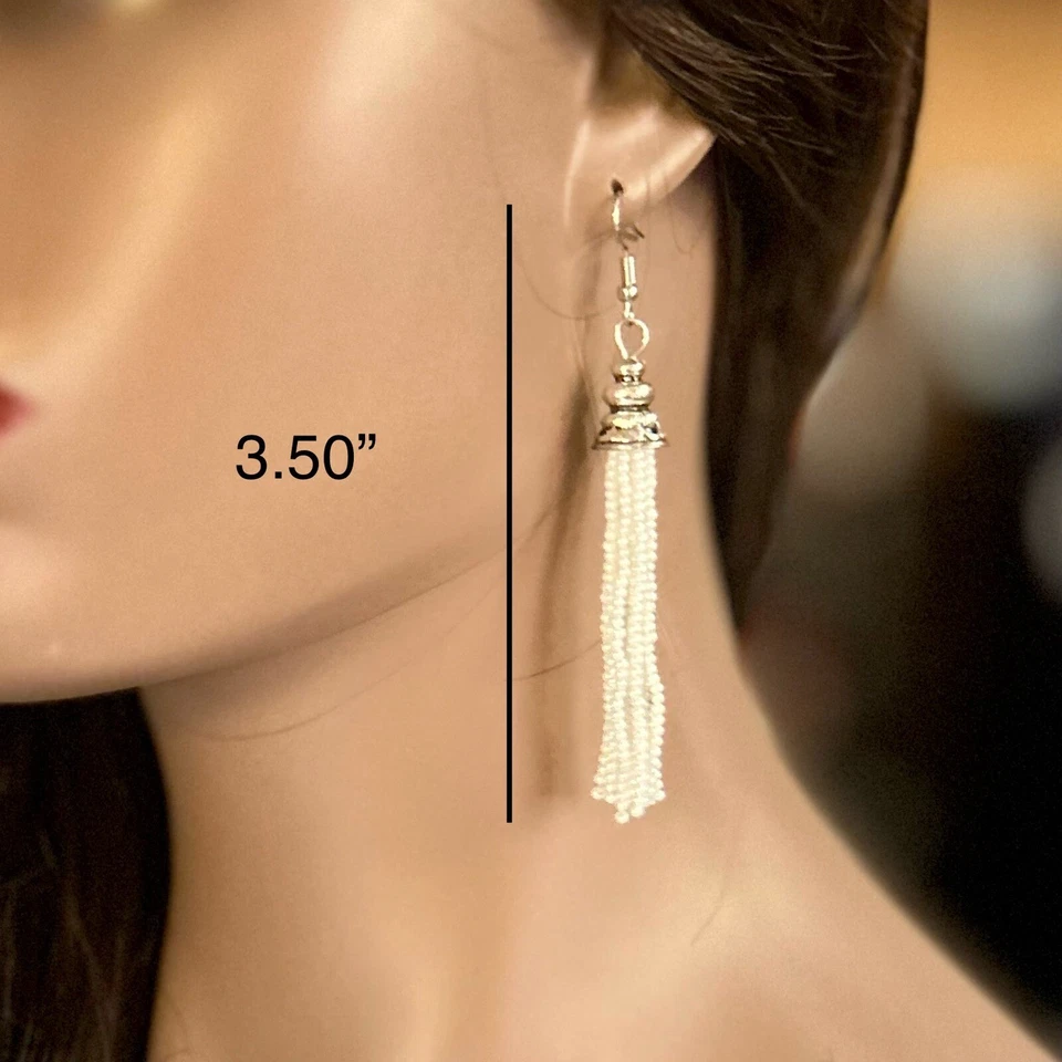 Glass Beaded Earrings Handmade Tibet Silver Gift Unisex White - Image 2 of 4