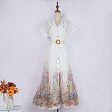 Summer Women Elegant Retro Printed Dress Lapel Short Sleeves Gauze Swing Skirt