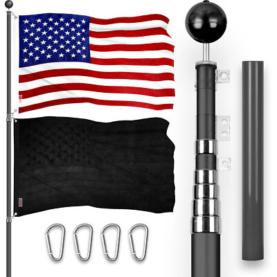 25 Ft Telescoping Flagpole BLK & American and All Black USA Flags Emb 300D 3x5Ft
