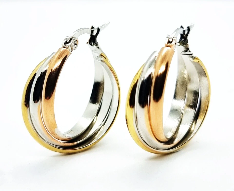 Orecchini donna a cerchio in acciaio inox intrecciati tricolore argento rame oro - Immagine 2 di 4