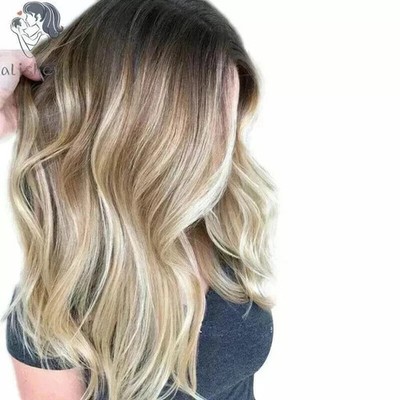 Human Hair New Women's Long Natural Brown Blond Mix Wavy Full Wig 20 Inch