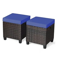 BETTARY 2PCS Patio Outdoor Ottomans, Rattan Wicker Ottoman Seat Navy
