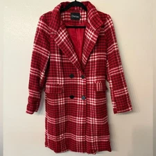 New Elegant Red Plaid Women's Pea Coat