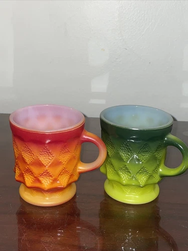Vintage ANCHOR HOCKING FIRE KING KIMBERLY Cup Lot, 1 Orange & 1 Green 