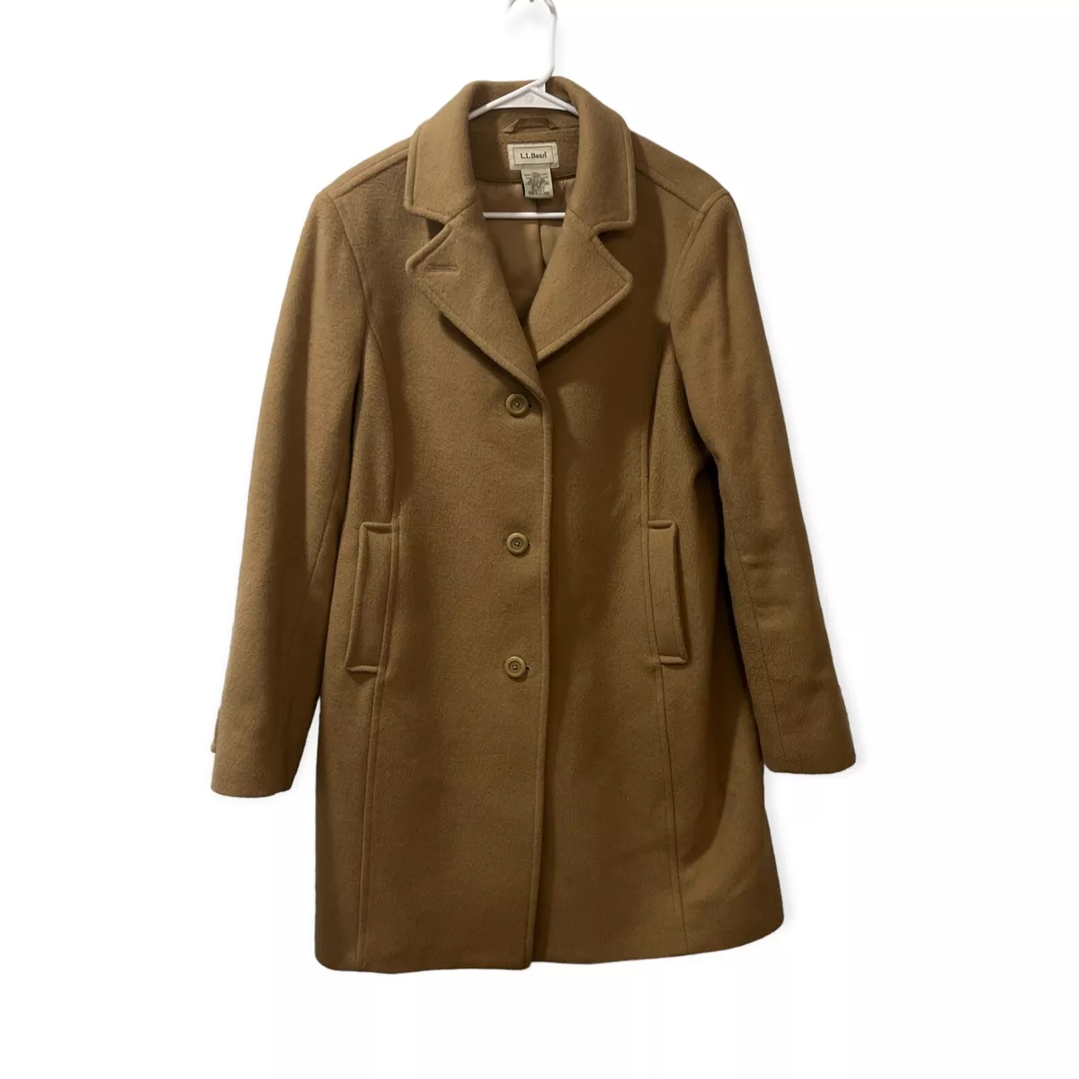 L.L. Bean Women s Classic Tan Lambswool Polo Coat Three Quarter