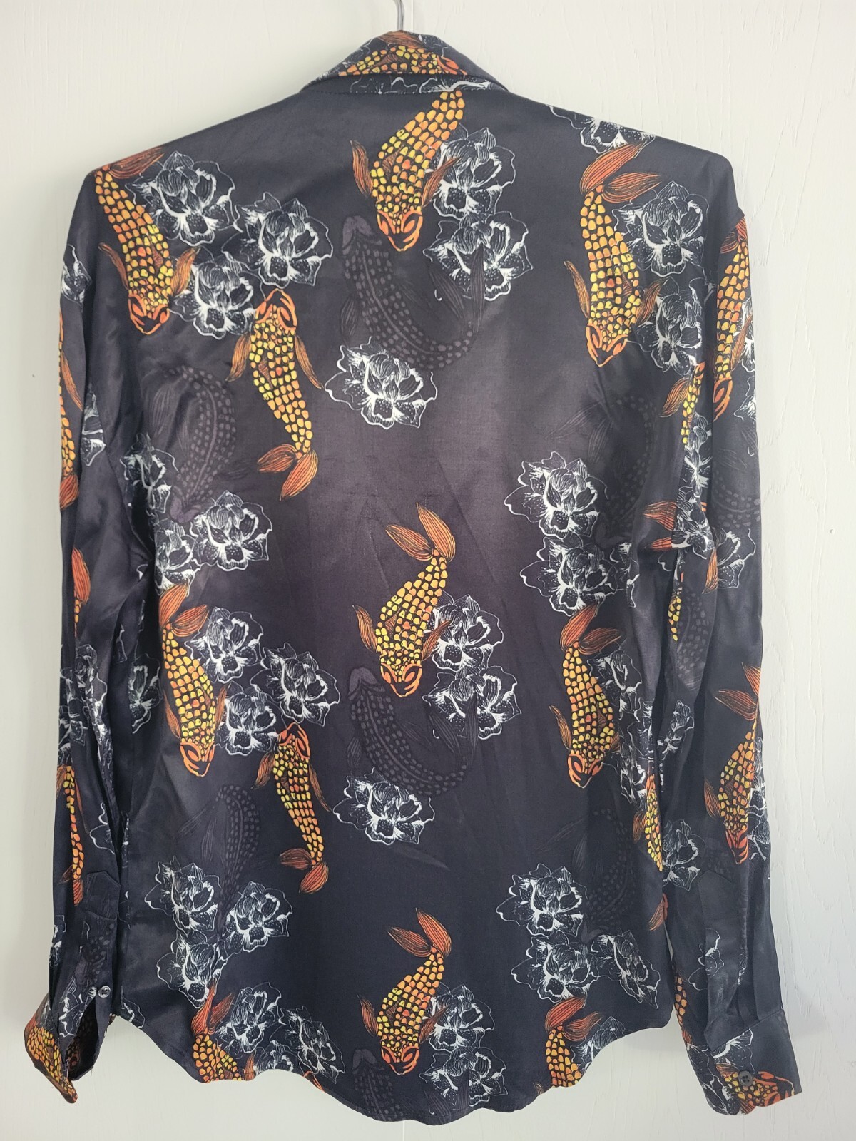 Zara Man Black With Orange Koi Fish Print Button Up Shirt Size S image 3