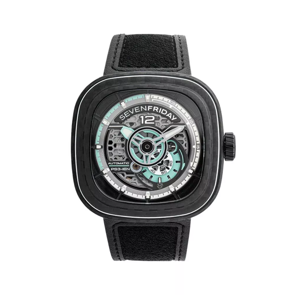 Sevenfriday Jade Carbon Black Leather Strap Men Watch SF PS3 01