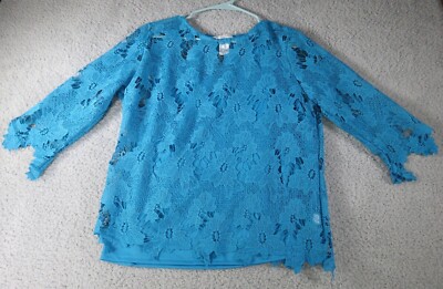 Drapers & Damons Petites Women s Blue Crochet Top 3/4 Sleeves Size PL