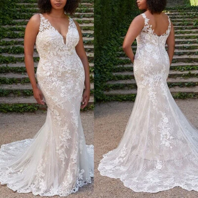 Brautkleid Hochzeitskleid Spitze Aufkleber V-Ausschnitt Maßgeschneidert 36 38 40 - Bild 1 von 4