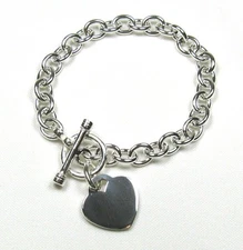 Heart Charm Toggle Link Solid Sterling Silver Bracelet 8.5"