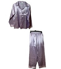 NWT National Satin Pajamas 2 Pc Women S Lavender Purple Button Up Long Pants VTG