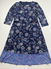Talbots Dress Womens 14P Blue Floral 3/4 Sleeve Belted A-Line Ruffle Hem Casual