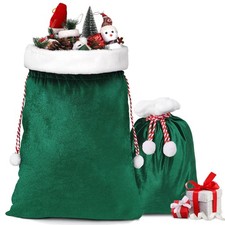 2 Pcs Christmas Velvet Santa Sack Large Green Bag Drawstring Gift Wrap