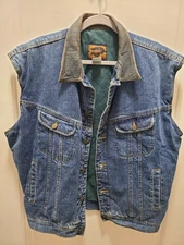 Vintage Fox Run Men's Large Denim Vest W/ Leather Quilted Lined Biker Moto