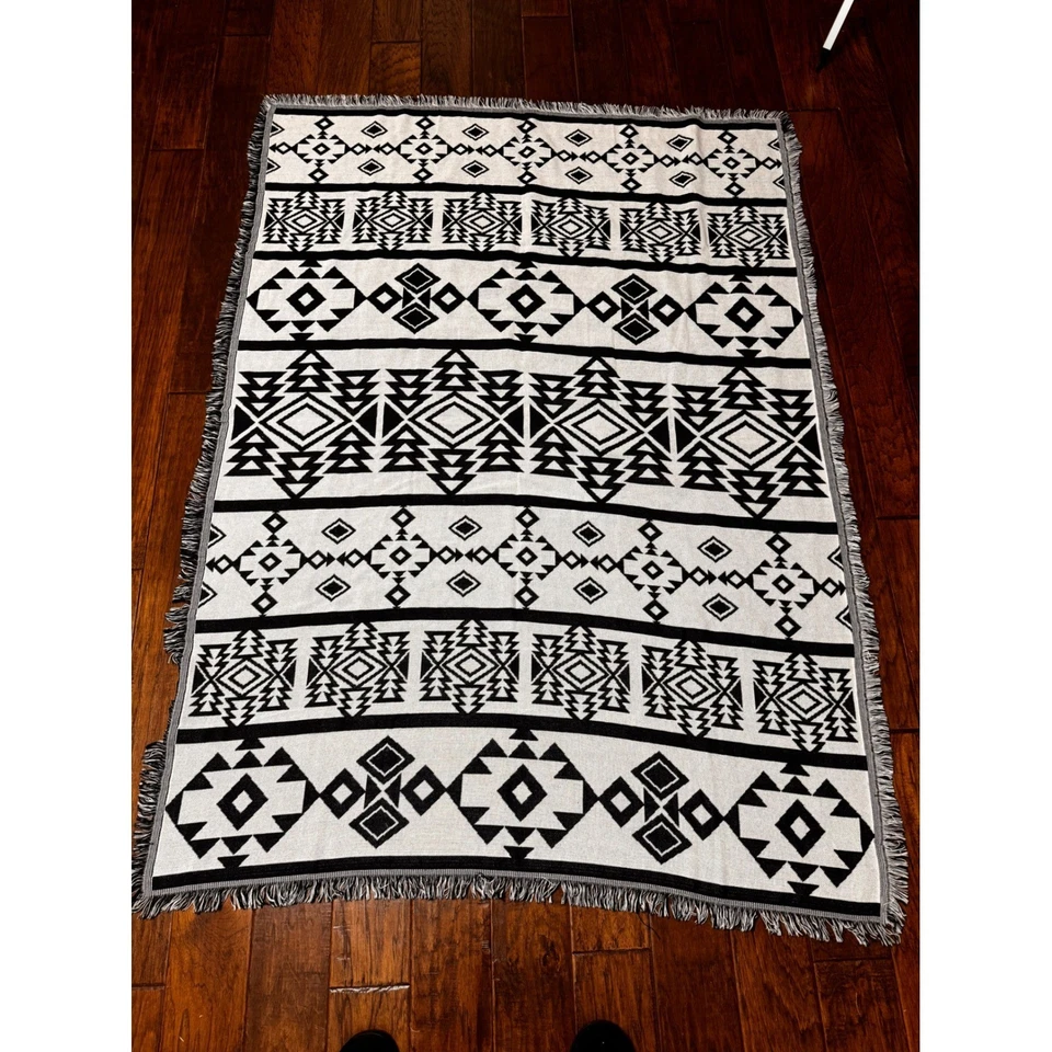 Blue White Geometric Tribal Pattern Woven Throw Blanket Fringe cotton 50x65 - Image 2 of 2