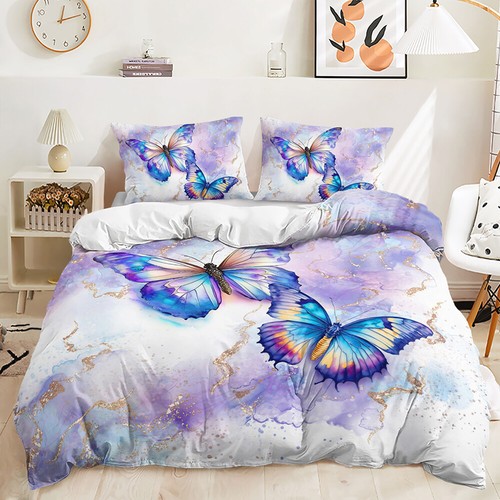 Purple Marble Butterfly Quilt Duvet Doona Cover Bed Set Single Double Queen King