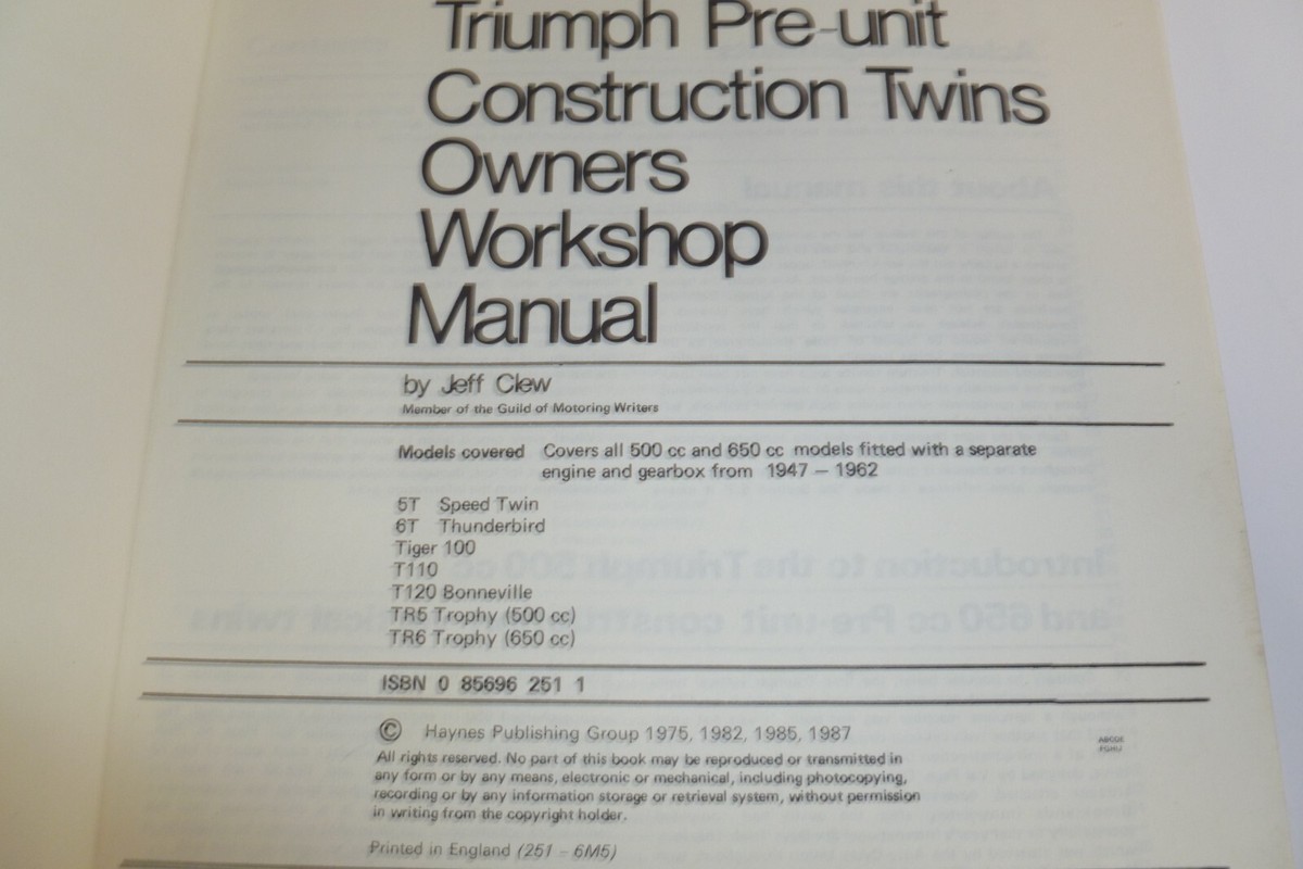 Triumph Pre-Unit Twins Haynes Owners Workshop Manual 498 - 649cc