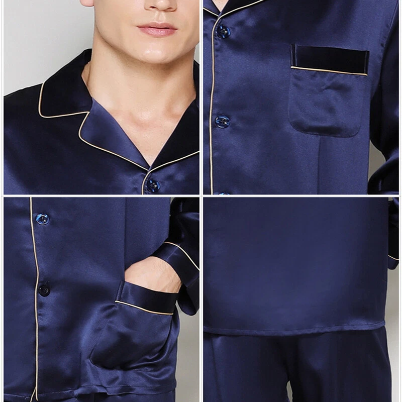 Conjuntos de pijama para hombre seda morera 100 % ropa de dormir suave manga larga camisas solapa nuevos Foto 3 de 4