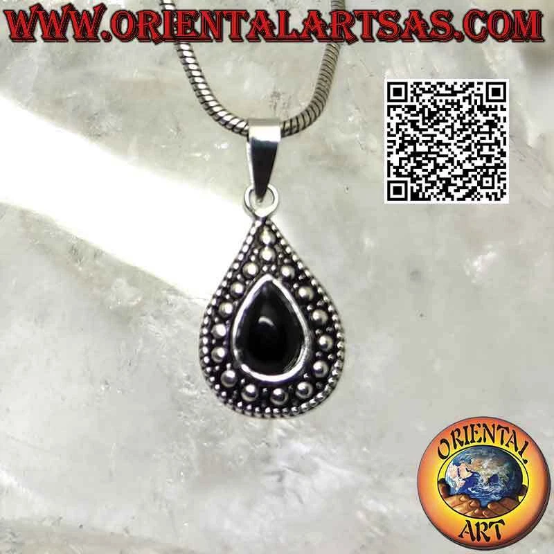 Ciondolo in argento 925‰ onice a goccia e decoro a palline in rilievo - Immagine 3 di 4