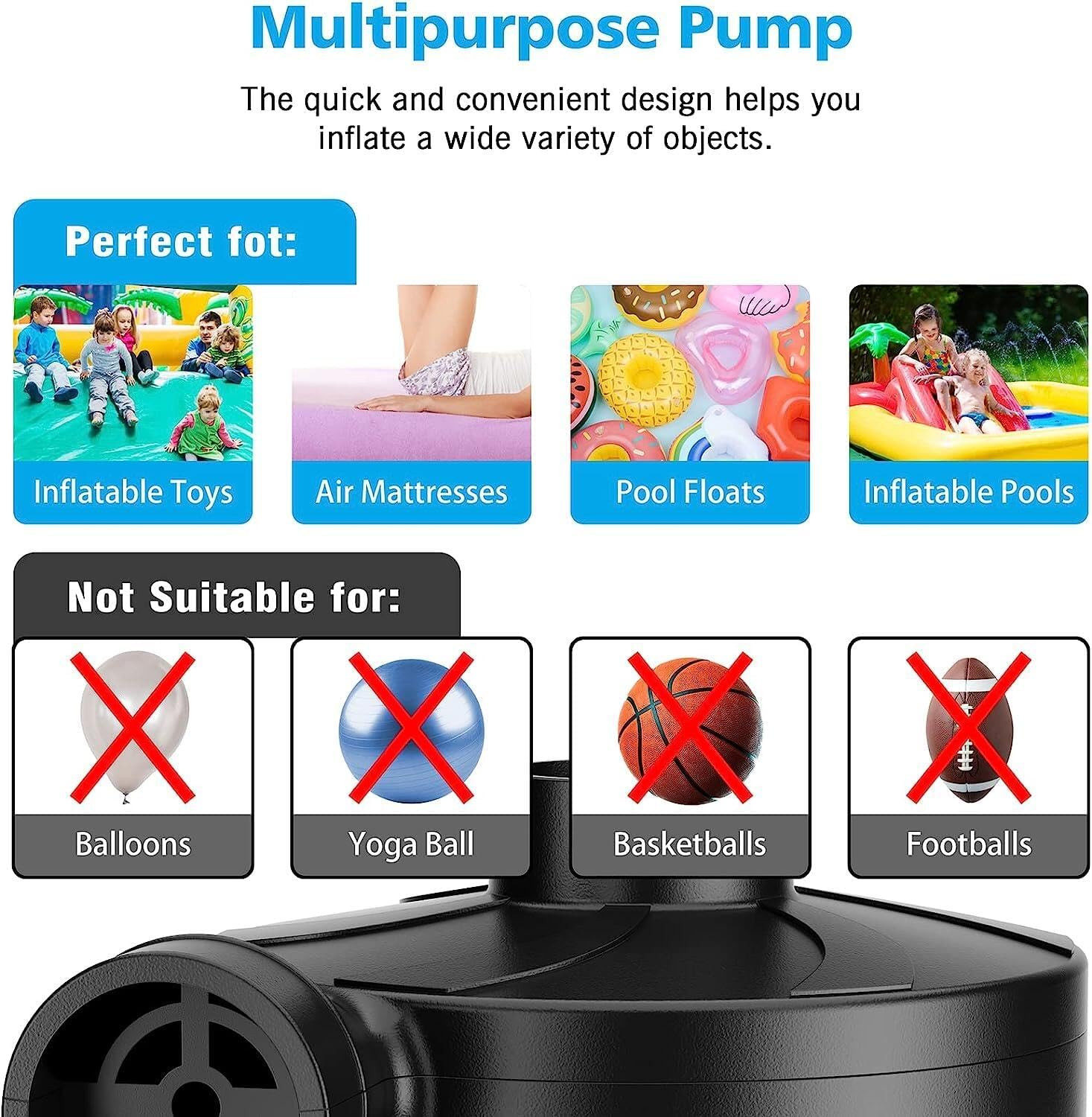 Electric Air Pump for Inflatables,Portable Quick-Fill Air Pump with 3 Nozzles,11
