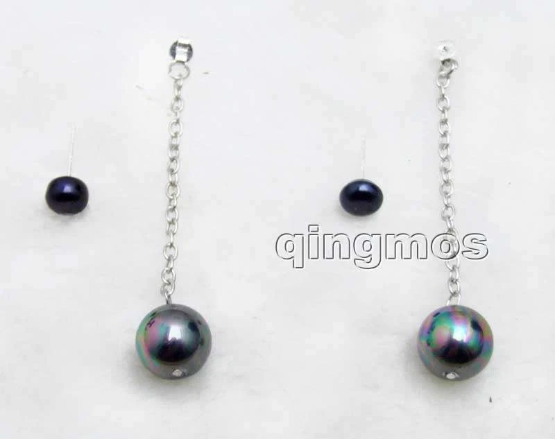 Pendiente de perlas naturales planas negro de 7 mm para mujer 12 mm concha de mar perla colgante Foto 3 de 4