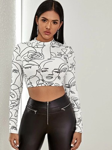 Shein Mock-neck All Over Figure Crop Top Long Sleeve Stretch Graphic White  XS | eBay