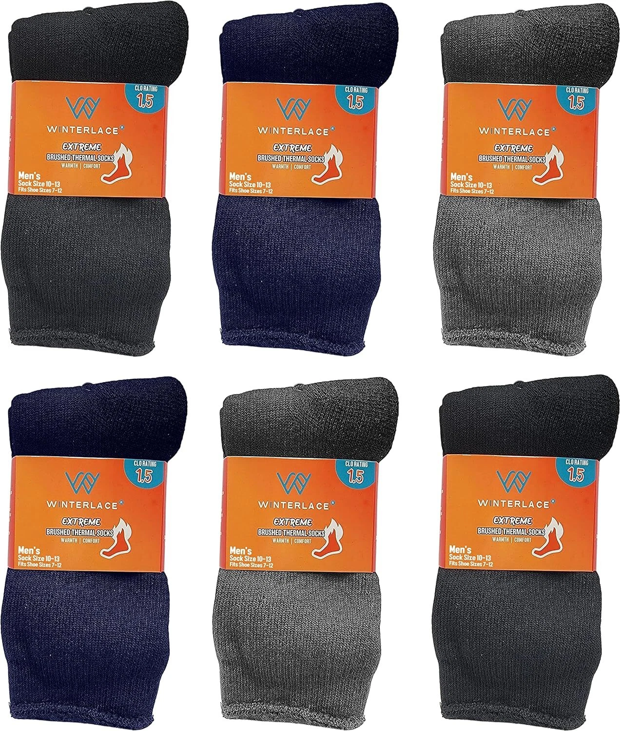 6 Pairs Mens Thermal Socks, One Size, Assorted (2x Black / 2x Navy / Gray)