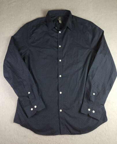 H&M Slim Fit Button Up Shirt Mens Size Large Blue Polka Dot Print Easy Iron - Picture 1 of 14
