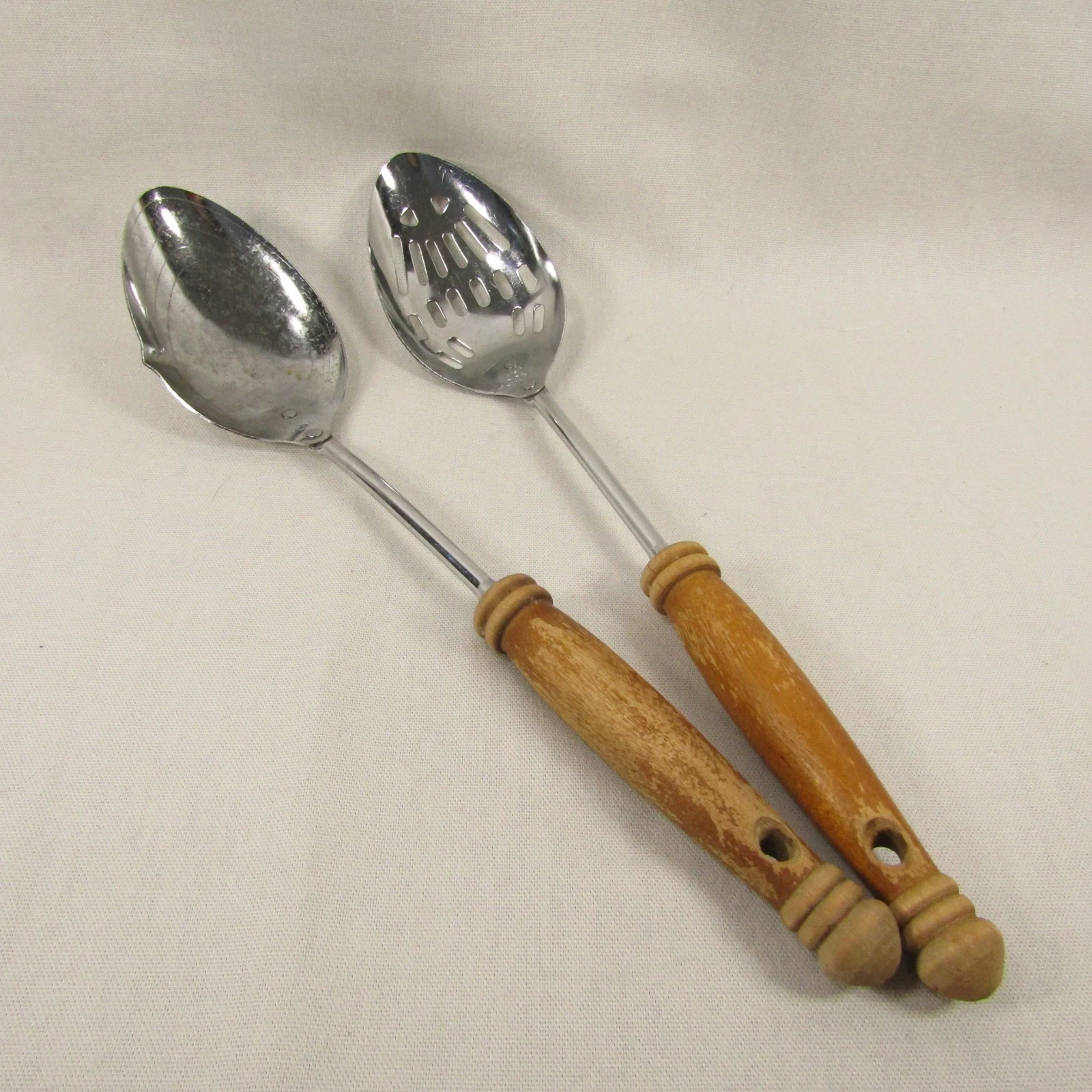 Vintage EKCO Slotted Spoon Measuring Lot of 2 Wooden Handles Stainless Steel