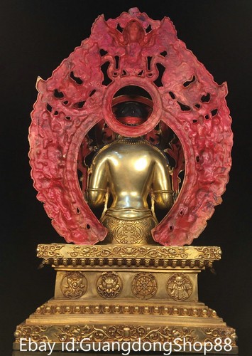 26.4" Old Tibetan Copper Gold Buddhism Maitreya Buddha Flower Statue - Picture 6 of 9
