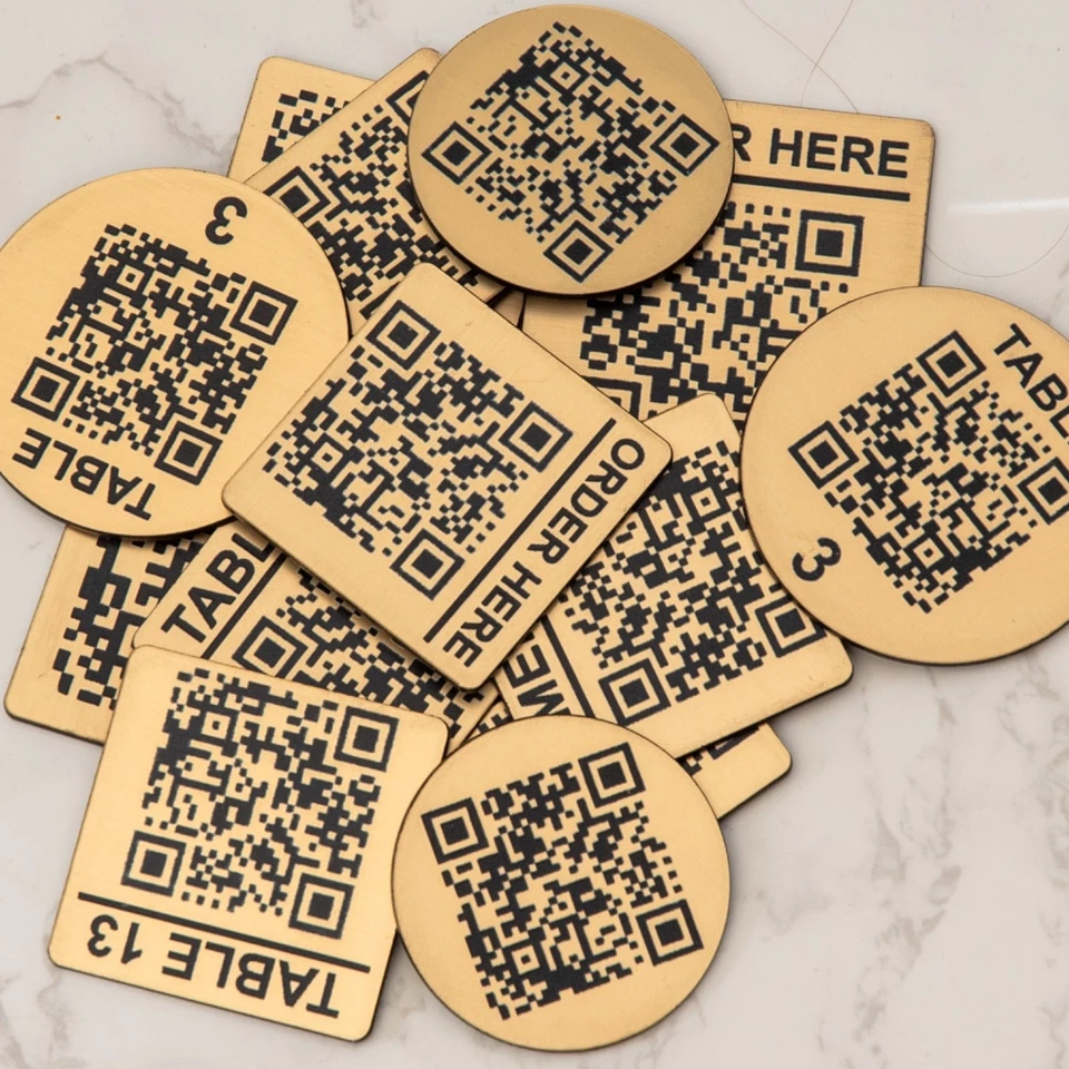 RED SHARK DESIGN Personalised Engraved QR Code, Varying sizes, Table, Menus, Restaurant 9 Colours