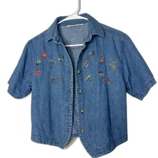 Vintage Embroidered Denim Flowers Jean Short Sleeve Shirt