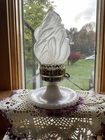 Vintage Milk Glass Ruffled Boudoir Hurricane Lamp With A Flame Frosted Globe 11”