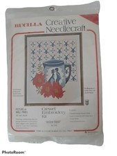 Vtg Bucilla Creative Needlecrafts Crewel Embroidery Kit Flowers Mug Wind Mills