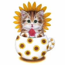 Diamond Art Painting Full Round 12"x12" (30cmx30cm) Sunflower Kitten in Tea Cup