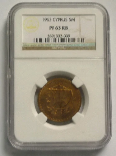 1963 CYPRUS - 5 MILS - GALLEY SHIP - PROOF RED BROWN - NGC PF 63 RB - BEAUTY!