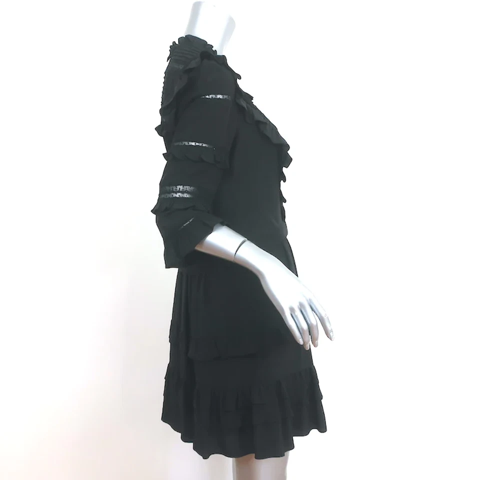 Rebecca Taylor Mini Dress Black Lace-Trim Ruffled Silk Size 6 - Image 4 of 4