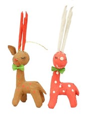Paper Mache Pink Brown Cute Reindeer Set of 2 Christmas Ornament Decoration