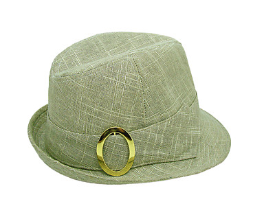 Linen Fedora Fashion Hat Oval Gold Ring On Side Beige & Gold Specks Unisex OSFM Linen Fedora Fashion Hat Oval Gold Ring On Side Beige & Gold  main image 3