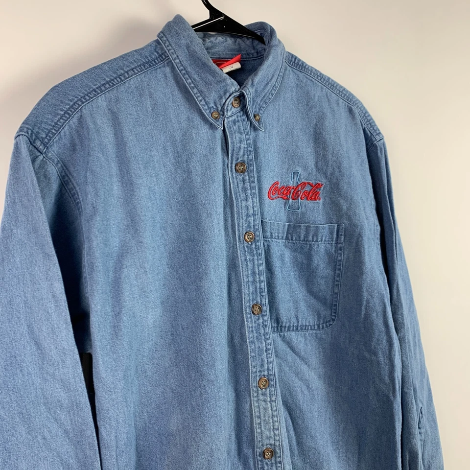 Vintage 90s Coca Cola Denim Jean Solid Cotton Button Up Shirt Mens Medium - Image 2 of 4