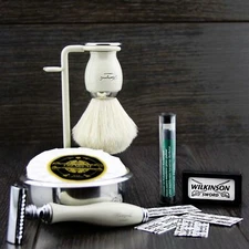 6 Pcs Men's Shaving Set DE Safety & Pure White Badger Brush Grooming Kit for HIM