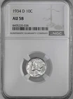 1934-D  10C  MERCURY SILVER DIME  NGC AU58   #8405235-038