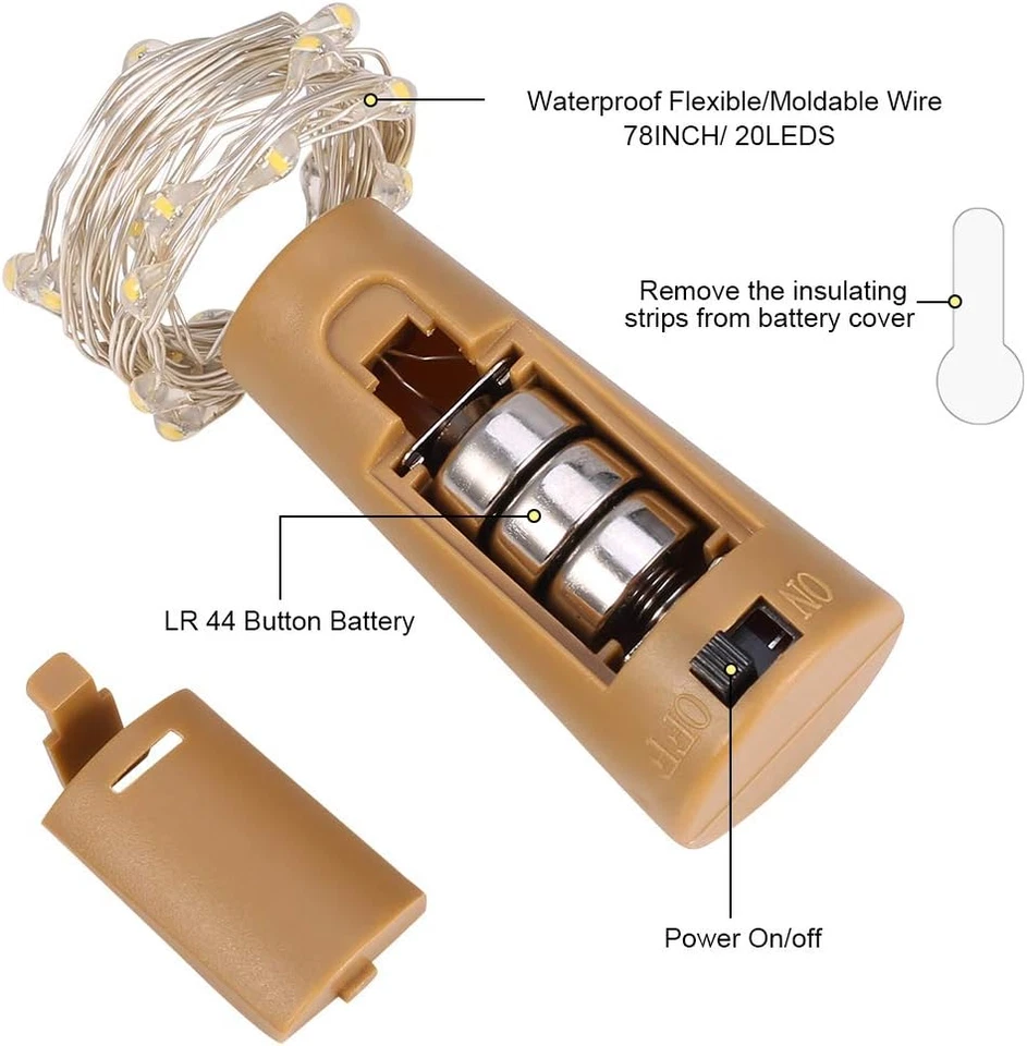 12 Pezzi Luci Bottiglia 2M 20 LED Filo Rame Bianco Caldo Interno Esterno Festa - Immagine 2 di 4