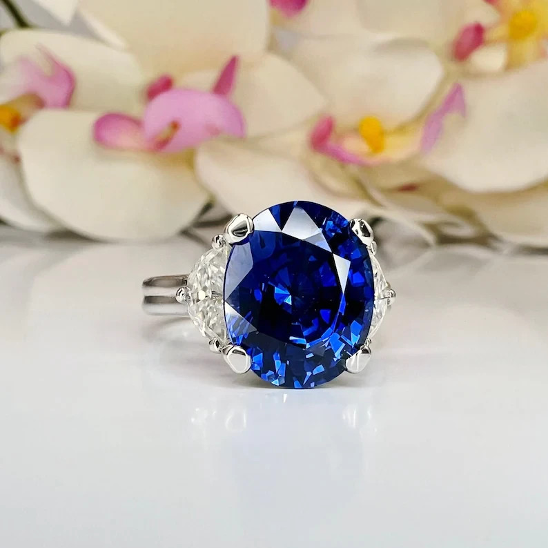 6.00Ct Oval Cut Natural Blue Sapphire & Diamond 18K White Gold Anniversary Ring