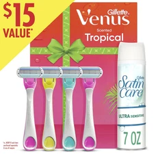 Gillette Venus Tropical Value Pack: 4 Scented Handle Razors + Shave Gel -NEW