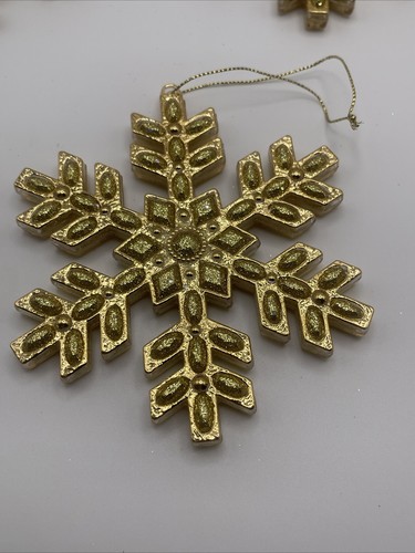 Six (6) Christmas Ornaments Glittered Gold Snowflakes Holiday Decor 4.5”Long - Picture 6 of 7