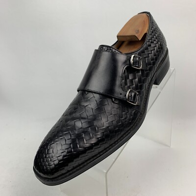 Stacy Adams Double Monk Strap Woven Print Black Leather 