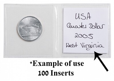100 White Inserts For 2.5x2.5'' Two Double Pocket Coin Flips For Saflips Free S&h